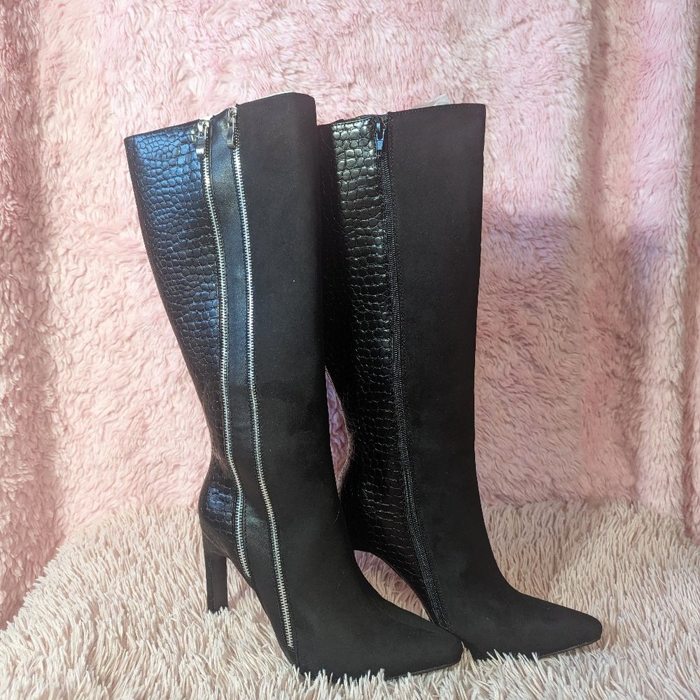 Shoedazzle leather and suede boots with zipper accent
